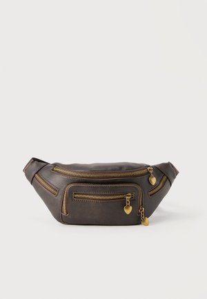Dark brown leather waist bag with multiple gold zippers, each featuring a small heart-shaped charm pull.