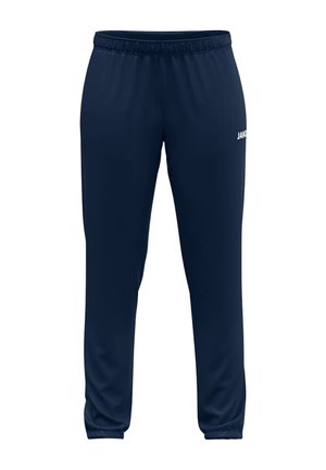 Marineblaue Sporthose mit elastischem Bund und schmal zulaufenden Beinen, mit einem kleinen weißen Logo am oberen Oberschenkel.