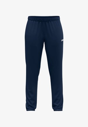 Marineblaue Sporthose mit elastischem Bund und schmal zulaufenden Beinen, mit einem kleinen weißen Logo am oberen Oberschenkel.