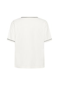 Hvid kortærmet t-shirt med rund hals og sort piping på ærmerne, designet med en afslappet pasform og glat stoftekstur.