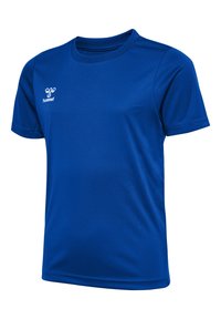 Niebieska sportowa koszulka z krótkim rękawem, okrągłym dekoltem i białym logo hummel na lewej piersi.