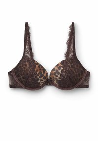 Soutien-gorge en dentelle avec un motif léopard au centre, des accents marron foncé, des bretelles réglables et des détails en dentelle complexe le long des bords.