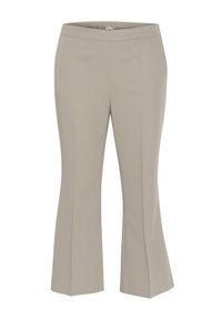 Beige kalhoty s rozšířeným spodním lemem, vyrobené z hladké látky. Mají široký pas a dvě přední záhyby pro elegantní vzhled.