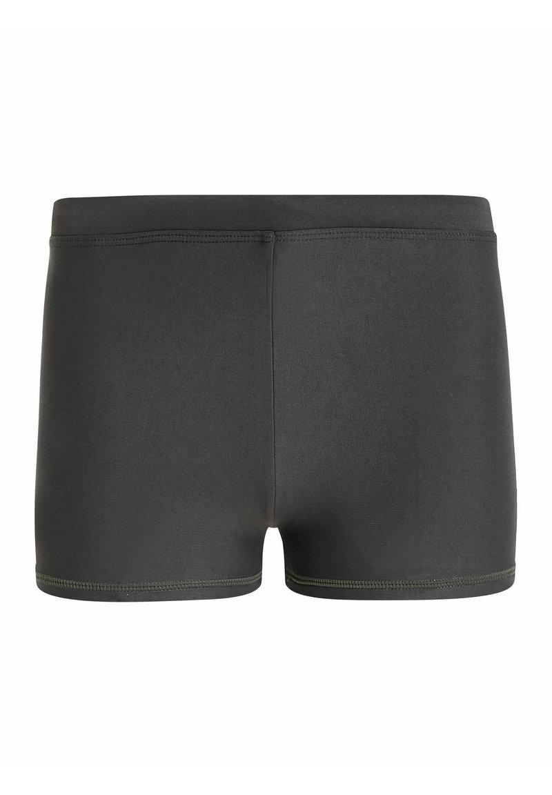 Juoda maudymosi šortai su prigludusia dizaino forma, pagaminti iš lygaus nailono medžiagos. Kraštuose matosi kontrastingas siuvimas. Nėra matomų logotipų ar raštų.