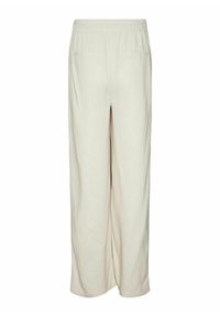 Platas kājas bikses gaiši bēša auduma. Ar elastīgu jostu, divām aizmugurējām kabatām un mīkstu, teksturētu virsmu.