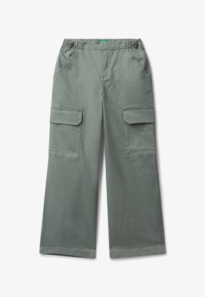 Grüne weit geschnittene Cargo-Hosen mit elastischem Bund, verstellbaren Kordelzügen, Fronttaschen und Klapptaschen an den Oberschenkeln.