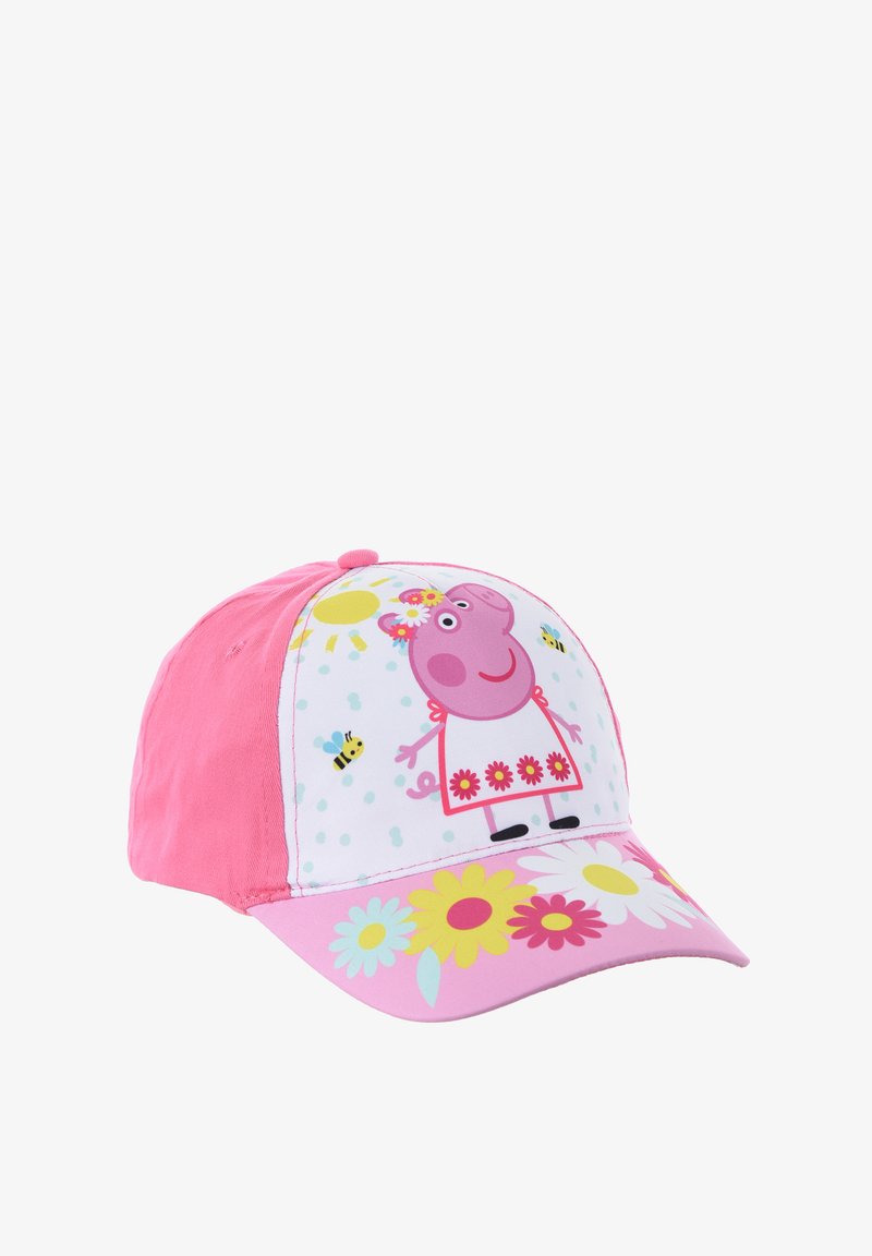 Casquette rose ornée d'un design de Peppa Pig à l'avant, avec des motifs floraux et des abeilles. La visière est décorée de marguerites colorées.