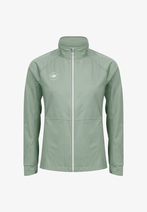 Jasnozielona kurtka softshell z białym zamkiem błyskawicznym z przodu i małym białym logo na lewej piersi, z kołnierzem typu stójka i długimi rękawami.