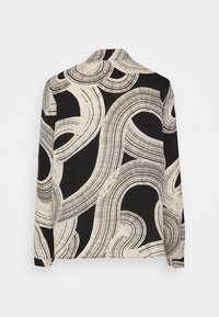 Pitkähihaista paitaa, jossa on musta ja kermahohtoinen kuvio wavy-viivoilla. Selkäpuolella on klassinen kaulus ja suora helma.