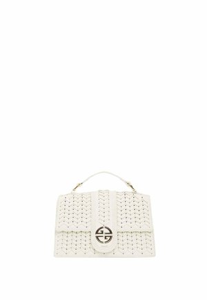 Borsa bianca in pelle intrecciata con manico superiore e chiusura metallica circolare sulla pattina frontale.