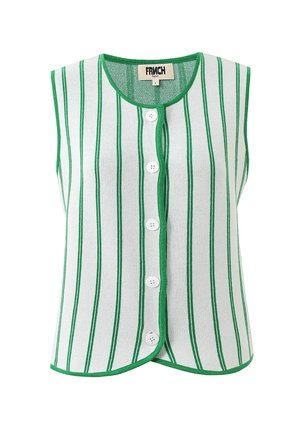 Mouwloos wit gebreid vest met verticale groene strepen, ronde halslijn, groene rand en vijf witte knopen aan de voorkant.