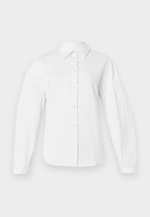 Λευκό πουκάμισο με κουμπιά, φτιαγμένο από λείο βαμβακερό ύφασμα, με κλασικό γιακά, μακριά μανίκια και ευθεία γραμμή με κουμπιά μπροστά.