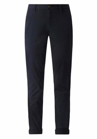 Pánské slim-fit černé kalhoty s poutky na pásek, knoflíkovým zapínáním, zipovým předním dílem, bočními kapsami a manžetami na nohavicích.