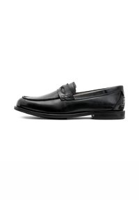 Schwarze Lederloafer mit glatter Oberfläche, runder Zehenpartie, dezenten Nähakzenten und niedrigem Absatz. Entworfen für einen klassischen, formellen Look.