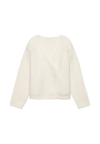 Biały sweter w serek o luźnym, skróconym kroju. Charakteryzuje się długimi rękawami i teksturowanym wzorem, wykonany z miękkiego, przytulnego materiału.