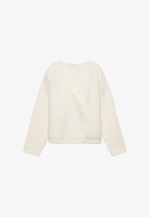 Bela pulover z V-izrezom in sproščenim, skrcanim krojem. Ima dolge rokave in teksturiran pleten vzorec, narejen iz mehke, udobne tkanine.