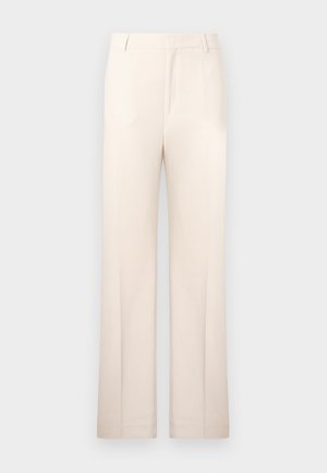 Beige housut, joissa on suora lahjemalli, valmistettu kevyestä kankaasta. Ominaisuuksina etupleatit ja klassinen vyötärönauha.