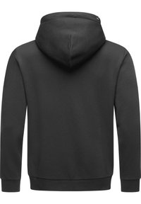 Schwarzer Kapuzenpullover mit doppellagiger Kapuze, gerippten Bündchen und Saum. Glatte Textur mit minimalistischem Design und ohne sichtbare Logos.