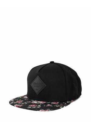 Gorra snapback negra con visera de estampado floral y un parche de logotipo negro en forma de diamante en el panel frontal.