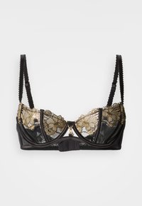 Black lace bra featuring gold floral embroidery, underwire support, adjustable straps, and a front closure with a gold accent.
