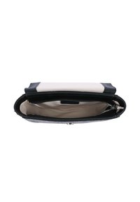 Borsa a mano in pelle nera con finitura liscia, caratterizzata da un interno chiaro a contrasto e chiusura con zip. Forma ovale con una parte superiore strutturata.