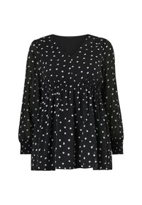 Zwarte blouse met een V-hals, lange mouwen en gerimpelde manchetten. Heeft een losse pasvorm en een witte stippenpatroon op de stof.