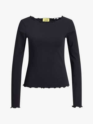 Pikad varrukad mustal topil, millel on volangiga kaelus ja äär. Valmistatud pehmest kangast, sellel on kehakumer disain ja minimaalne bränding sees.