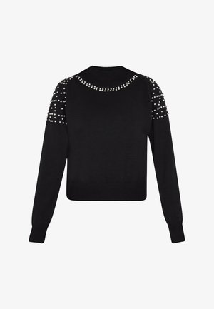 Mustapaita, jossa on korkea kaula-aukko ja pitkät hihat, koristeltuna helmimäisillä niiteillä hartioilla ja kaula-aukolla. Sujuva pinta.