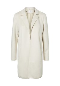 Kermanvärinen pitkä takki, joka on valmistettu sileästä kankaasta, jossa on käännetty kaulus, kaksi sivutaskua ja suora leikkaus.