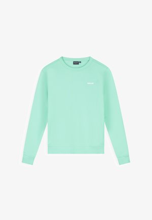 Lang mouws sweatshirt in muntgroen met ronde hals, geribbelde manchetten en zoom, en een klein wit "BALLIN"-logo op de borst.