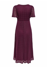 Robe midi en dentelle violette avec manches courtes flottantes et taille cintrée, vue de dos sur fond blanc.