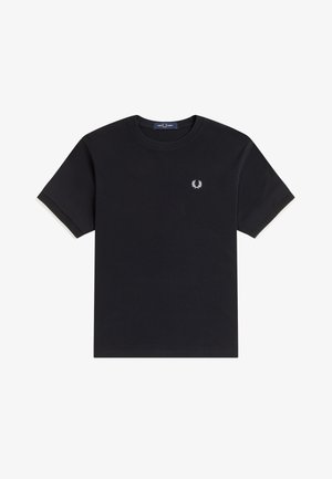 T-shirt noir à manches courtes et col rond avec petit logo de couronne de laurier blanche sur la poitrine gauche et poignets texturés.