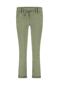 Licht olijfgroene broek met een elastische tailleband, vijf zakken, opgerolde mouwen en een soepele katoenmix.