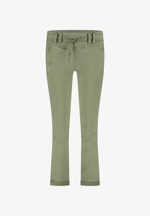 Hellolivgrüne Hose mit Kordelzug, Fünf-Taschen-Design, umgeschlagenen Säumen und glattem Baumwollmischgewebe.