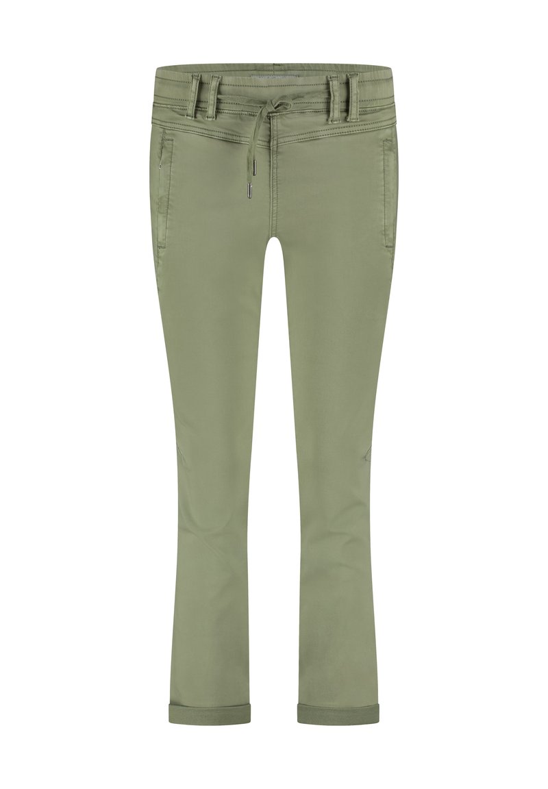 Licht olijfgroene broek met een elastische tailleband, vijf zakken, opgerolde mouwen en een soepele katoenmix.