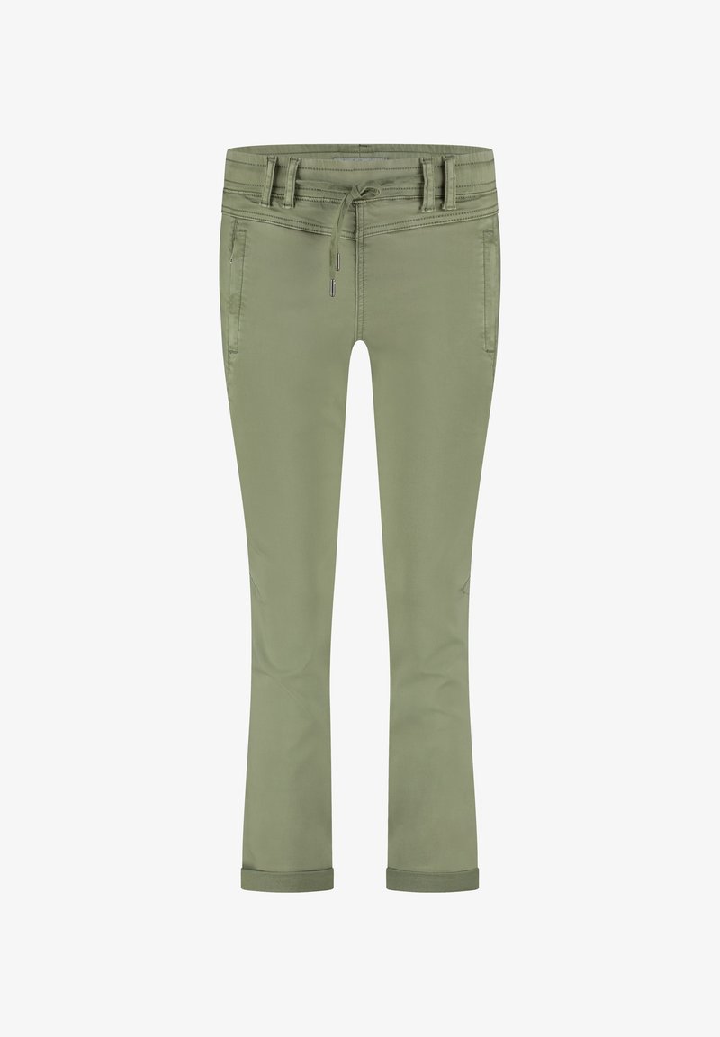 Light olive green pants with a drawstring waist, five-pocket design, rolled cuffs, and smooth cotton blend material.