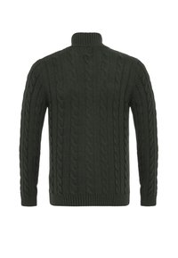 Donkergroene kabelgebreide trui met een hoge hals en geribde manchetten. Heeft een getextureerd patroon en een aansluitend ontwerp.