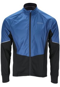 Blaue und schwarze Sportjacke mit hohem Kragen, Frontreißverschluss und langen Ärmeln. Verfügt über eine glatte Textur und reflektierende Akzente.