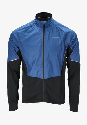 Giacca sportiva blu e nera con collo alto, zip frontale e maniche lunghe. Presenta una texture liscia e dettagli riflettenti.
