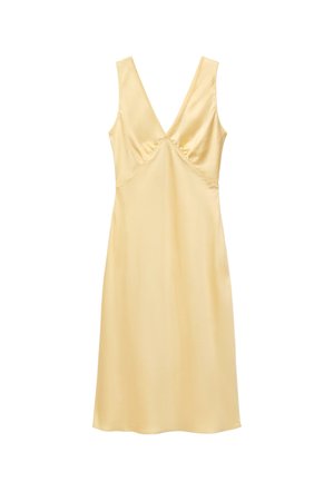 Robe sans manches en satin jaune pâle avec un décolleté en V profond et des coutures discrètes sous la poitrine, longueur genou avec une texture lisse.