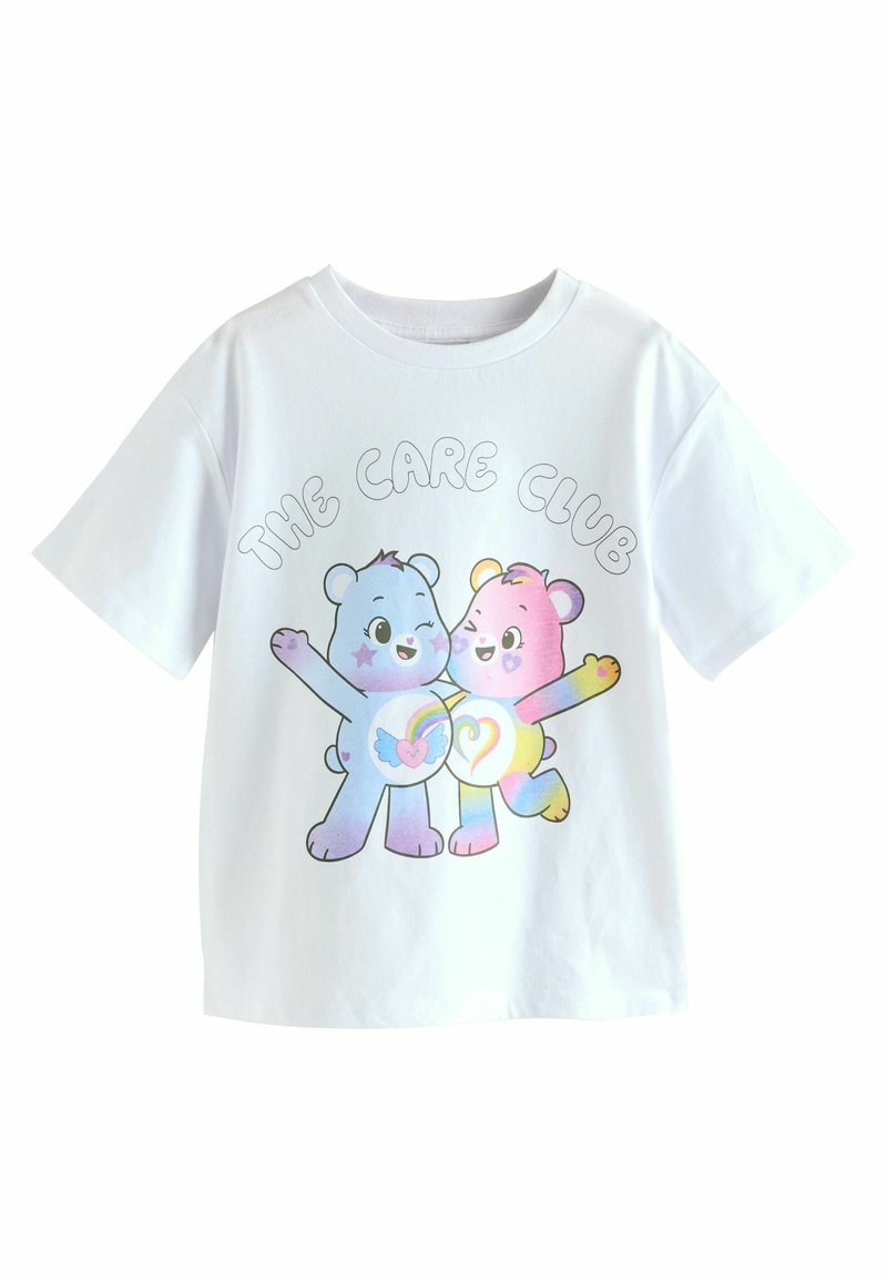 Weißes Baumwoll-T-Shirt mit zwei Cartoon-Bären, die bunte Muster auf ihren Bäuchen haben, und dem Text "DER PFLEGECLUB" darüber.