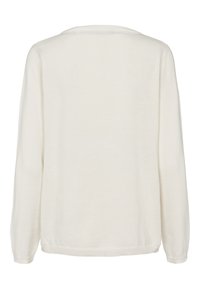Cream-colored long-sleeve sweater with a rounded neckline and ribbed cuffs, made from a soft, lightweight knit fabric. Back view only.