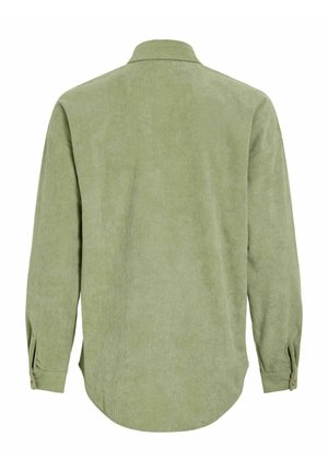 Lichtgroen corduroy overhemd met lange mouwen, knoopmanchetten en een klassieke kraag, van achteren getoond op een witte achtergrond.