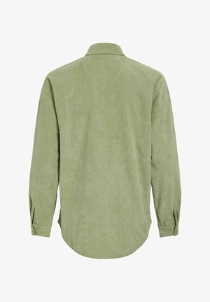 Gaiši zaļa velveta krekls ar garām piedurknēm, pogātām aprocēm un klasisku apkakli, attēlots no aizmugures uz baltas fona.