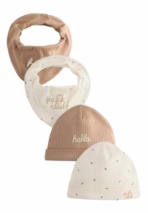 Two ribbed baby bibs, one beige with "hello" and one white with "milk club," paired with matching ribbed hats in beige and white with small dots.