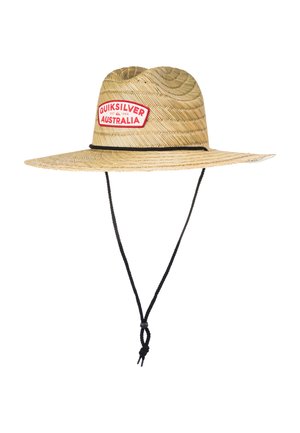 Cappello di paglia con tesa larga, caratterizzato da una toppa Quiksilver rossa e bianca, cinturino nero per il mento e motivo intrecciato testurizzato.