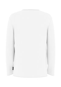 Langärmliges weißes Hemd aus strukturiertem Stoff. Rundhals mit flacher Verarbeitung, mit einem kleinen Etikett auf der linken Seite.