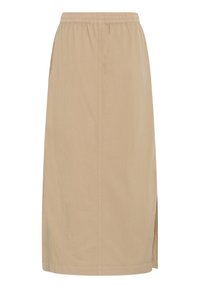 Jupe beige longueur genou en tissu léger avec une ceinture élastique et une fente latérale. Présente des lignes simples et épurées sans motifs.