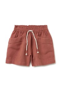 Shorts en terre cuite fabriqués à partir d'un tissu doux, avec une taille élastique et un cordon de serrage, ainsi que deux poches avant.