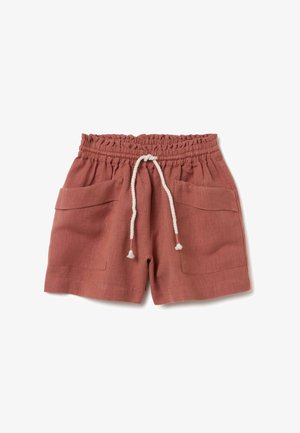 Terracotta shorts gemaakt van zachte stof, met een elastische tailleband en een trekkoord, en twee voorkanten zakken.